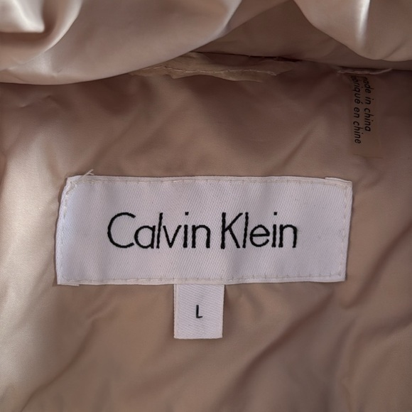 C CALVIN KLEIN Women’s Large Hooded Shiny Blush Puffer Coat Faux Fur Trim - Picture 8 of 10